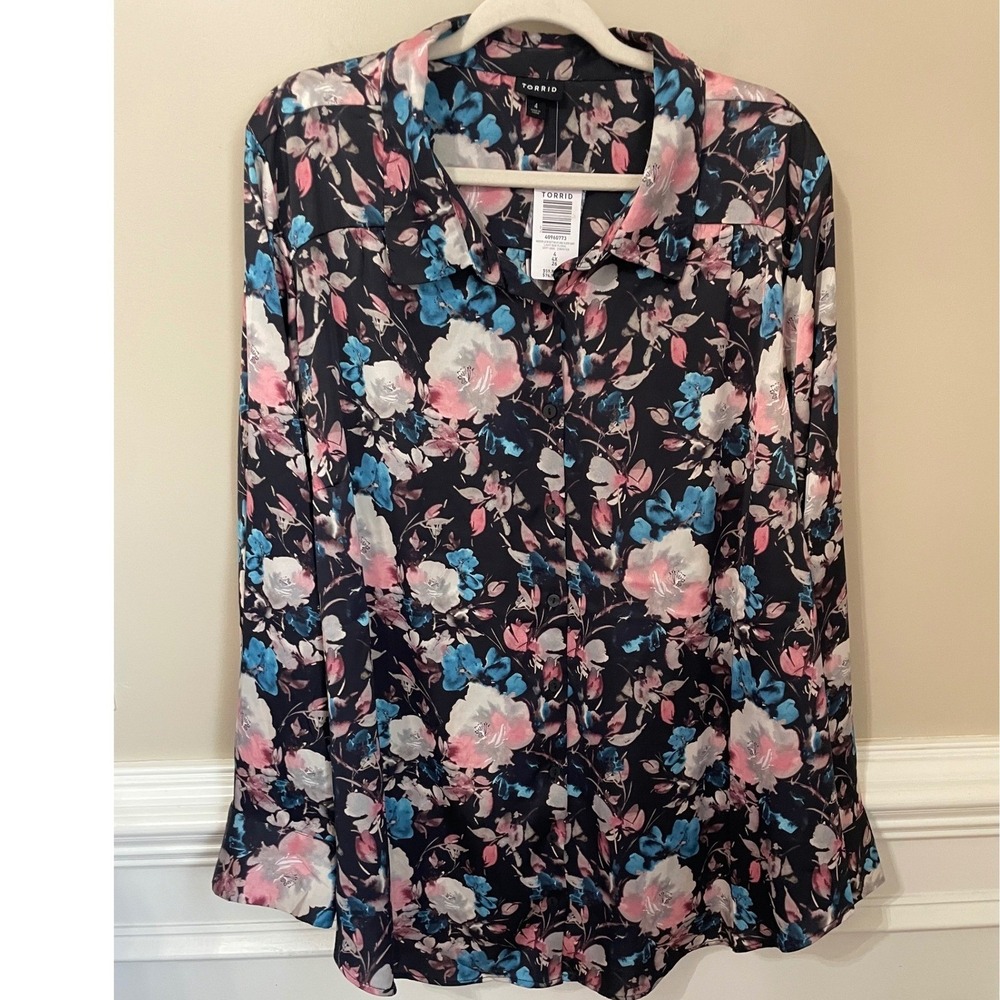 Torrid Madison Satin Button Up Long Sleeve Shirt Floral Navy Multi Size 4X